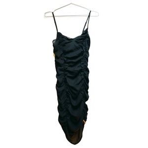 NWT Elegant Black Ruched Spaghetti Strap Midi Dress Sheer Size 6